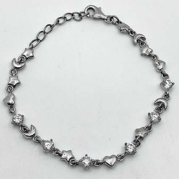 STERLING Silver Moon Stars Hearts & Clear / White Cz Stones Bracelet 6” - 7” - Picture 2 of 7